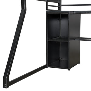 English Elm Full Size Metal Gaming Loft Bed With Workstation, Led Lights, Storage Solutions & Open Wardrobe N7090000666B