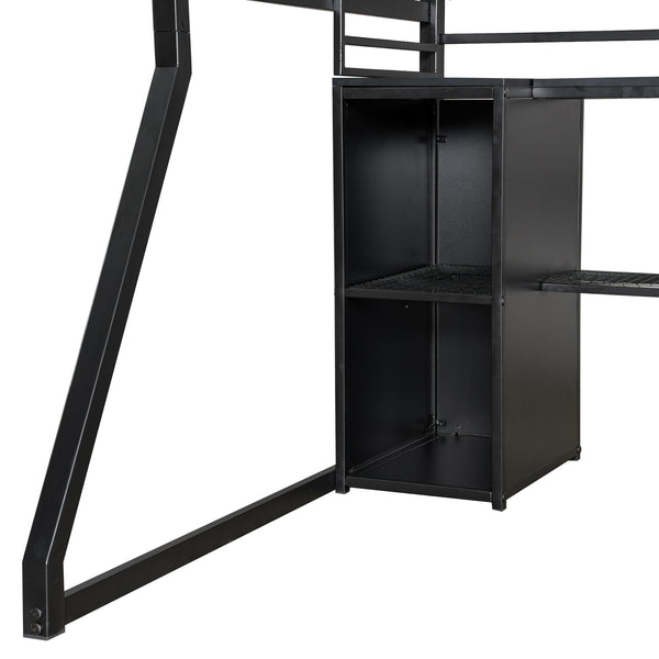 English Elm Full Size Metal Gaming Loft Bed With Workstation, Led Lights, Storage Solutions & Open Wardrobe N7090000666B