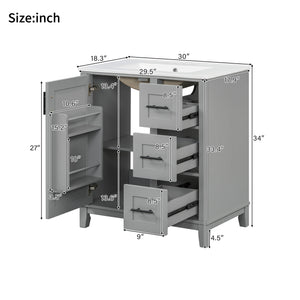 English Elm 30-inch Modern Bathroom Vanity with Ceramic Basin, Rubberwood Frame, Soft-Close Drawers & Organized Storage Grey N729P290689E