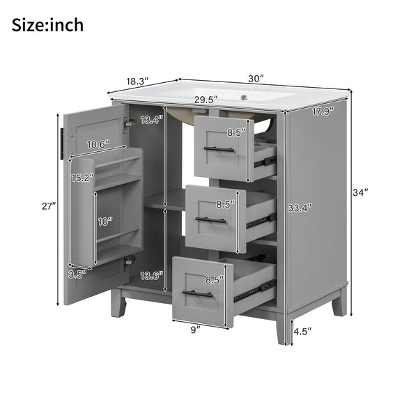 English Elm 30-inch Modern Bathroom Vanity with Ceramic Basin, Rubberwood Frame, Soft-Close Drawers & Organized Storage Grey N729P290689E