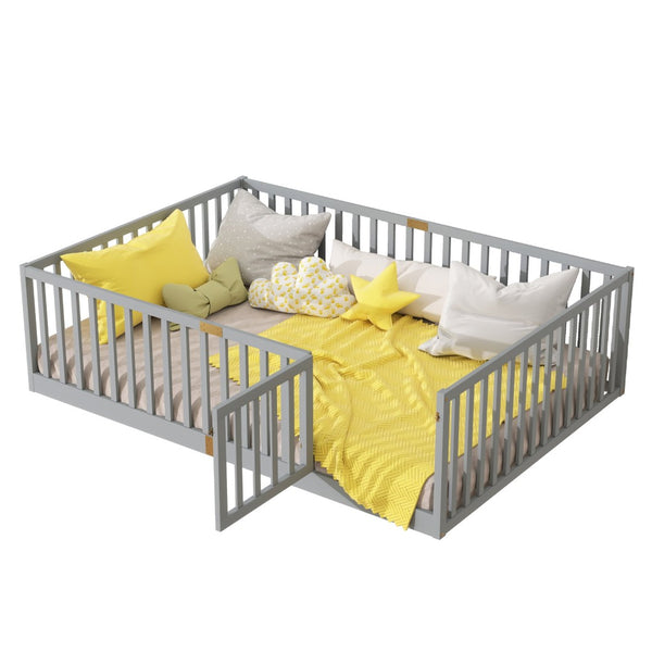 English Elm Twin Floor Bed Solid Rubber Wood with Tall Safety Railings for Toddler Sleep Grey W504P287657