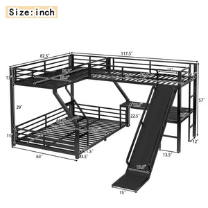 English Elm L-Shaped Triple Bunk Bed With Slide & Usb Ports - Space-Saving Metal Design For Modern Families W1580S00276