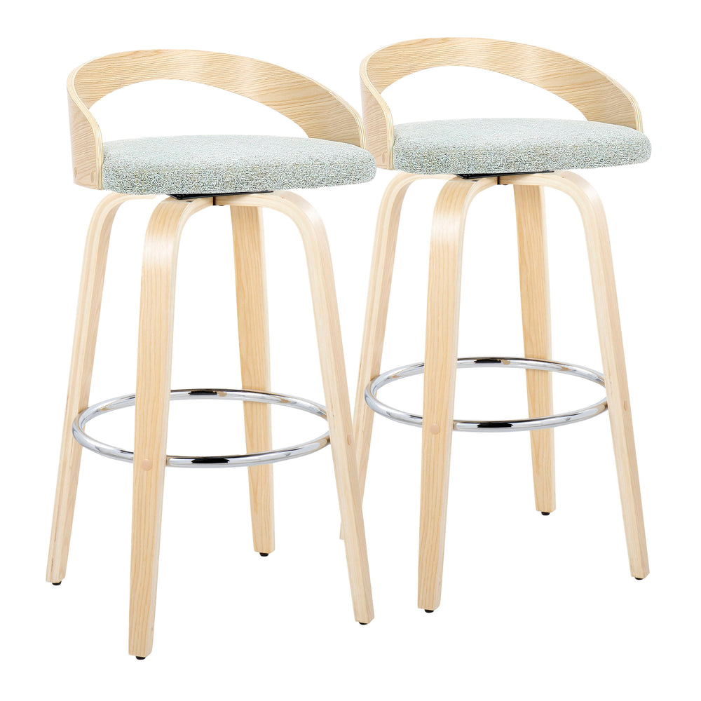 English Elm Grotto 30" Contemporary Swivel Barstools Set of 2 in Light Green Fabric with Natural Wood Legs, Chrome Footrest B202S00591