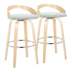 English Elm Grotto 30" Contemporary Swivel Barstools Set of 2 in Light Green Fabric with Natural Wood Legs, Chrome Footrest B202S00591