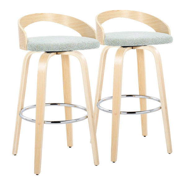 English Elm Grotto 30" Contemporary Swivel Barstools Set of 2 in Light Green Fabric with Natural Wood Legs, Chrome Footrest B202S00591