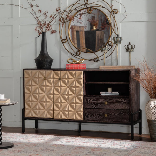English Elm Solid Wood Sideboard With Handcrafted Geometric Design, Smart Storage & Rustic Finish For Versatile Spaces W3158P351694-GIGA