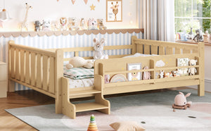 English Elm Queen Bunk Bed with Trundle Solid Pine Kids Car Themed Frame Built-in Bookshelf Light Natural W1580S00538