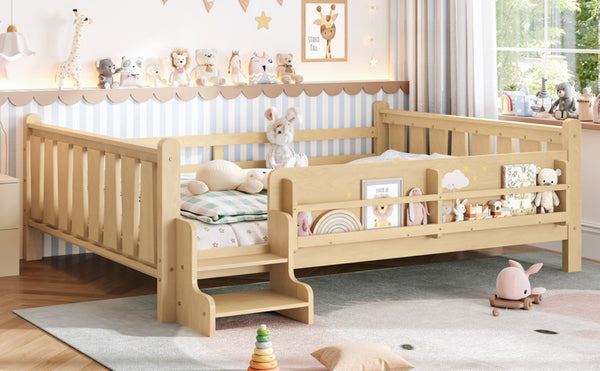 English Elm Queen Bunk Bed with Trundle Solid Pine Kids Car Themed Frame Built-in Bookshelf Light Natural W1580S00538