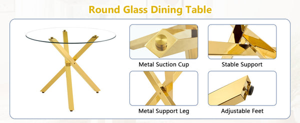 English Elm Table and Chair Set 5 Piece Round Tempered Glass Top Gold Metal Base Dining Room Black+Gold,Transparent W1151S04814
