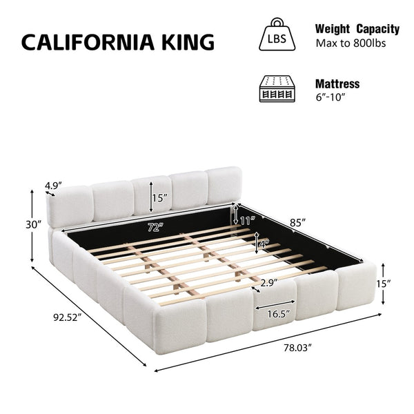 English Elm California King Boucle Upholstered Platform Bed Thick Block Headboard Modern Suite N757P391356W