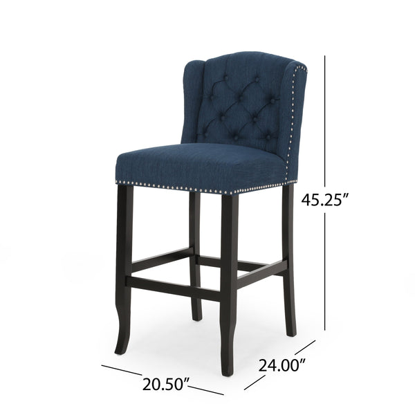 English Elm Christopher Knight Home® - Vienna Tufted Wingback Counter Stools Set of 2 — Button-Tufted Fabric, Nailhead Trim, Rubberwood Frame Navy Blue 64856.00NBLU