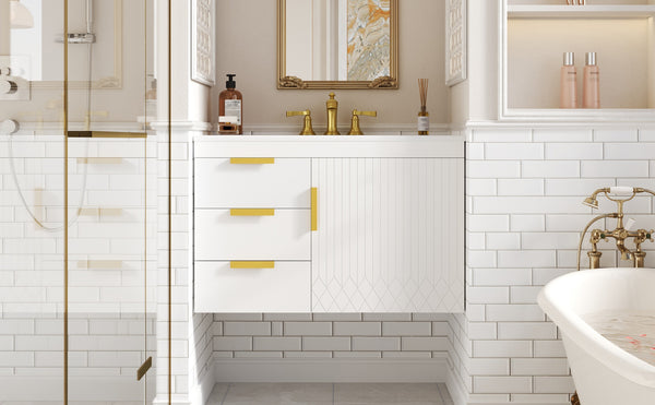 English Elm 30" Wall Mounted Bathroom Vanity with Ceramic Basin Sink, Floating Storage, Soft-Close Doors, Modern Elegance White N710P324096K