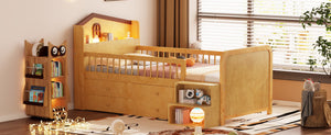 English Elm Low Twin Loft Bed with House-Style Headboard and Built-In LED Lights for Modern Kids' Rooms Natural 42.91 L x 28.35 W x 6.69 H W2593S00007