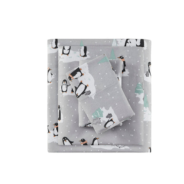 JLA Home True North by Sleep Philosophy - Printed ultra-soft cotton flannel sheet set with brushed finish, OEKO-TEX certified warmth and durability Grey Penguins TN20-0365