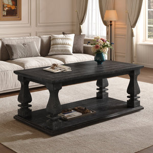 English Elm Farmhouse Coffee Table Solid Planked Wood with Open Shelf Square Baluster Living Room Antique Black W1445P362860