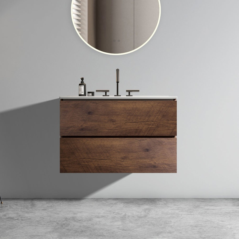 English Elm Alice Floating Bathroom Vanity Rosewood Finish Engineered Stone Basin Triple Drawer W1865S00234