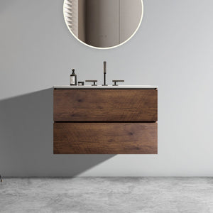 English Elm Alice Floating Bathroom Vanity Rosewood Finish Engineered Stone Basin Triple Drawer W1865S00234