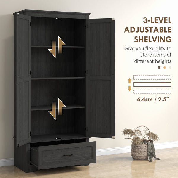 English Elm HOMCOM 67" Freestanding Kitchen Pantry Cabinet with 4 Doors, 6-Tier Adjustable Shelves, Rustic Charm Black W2225P249925