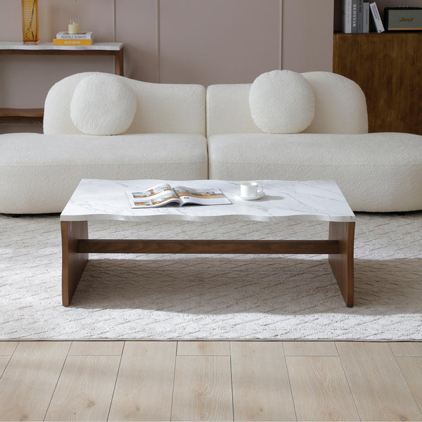 English Elm 47.24" Whisper Of Waves Modern Coffee Table – Elegant White Faux Marble & Walnut Base For Any Space W2664P346445