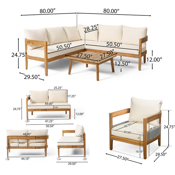 English Elm Christopher Knight Home® - BROOKLYN Acacia 6-Piece Patio Conversation Set with Teak Finish, Beige Cushions, Grey Rope Accents - Weatherproof, Comfortable, Easy Assembly N773OS00068B