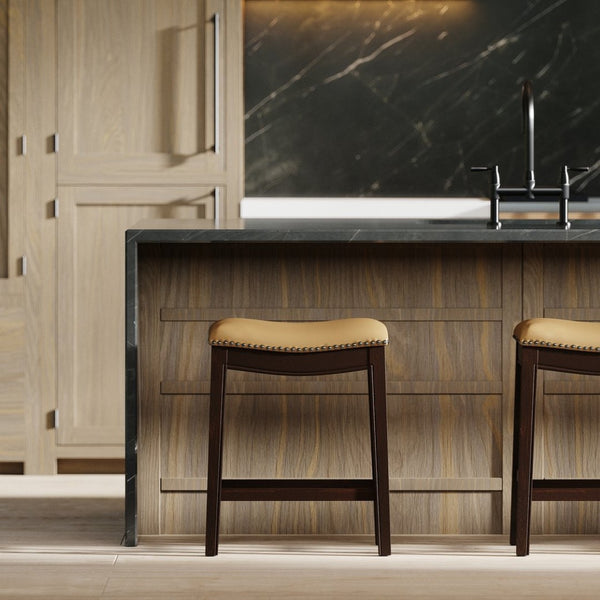 English Elm 26in. Counter Height Hardwood Barstool Nailhead Faux Leather Seat Kitchen Dining Tan B2751P436414