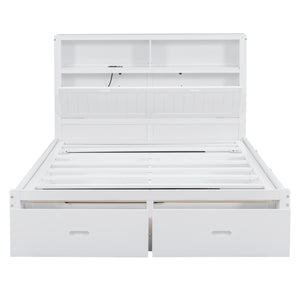 English Elm Wood Queen Size Hydraulic Platform Bed with LED Headboard, Charging Station, Hidden Storage Drawers and Shelves White GX000372AAK