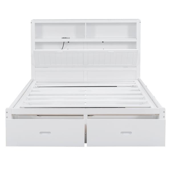 English Elm Wood Queen Size Hydraulic Platform Bed with LED Headboard, Charging Station, Hidden Storage Drawers and Shelves White GX000372AAK