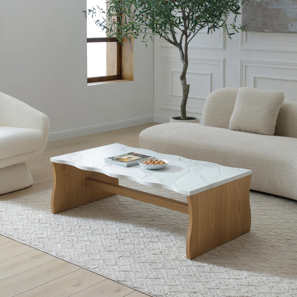 English Elm 47.24" Whisper Of Waves Modern Coffee Table - Sculptural Faux Marble Design With Warm Wood Base W2664P346444