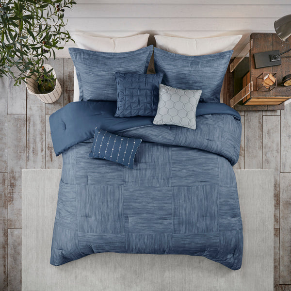 English Elm 7 Madison Park Walter Seersucker Comforter Set King Navy - 7pc Hypoallergenic Microfiber, Textured Pieced Design B03597179