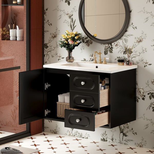 English Elm 30" Mid-Century Bathroom Vanity with Ceramic Sink, Rattan Accent, 2 Soft-Close Drawers, Large Storage Space N710P265954B