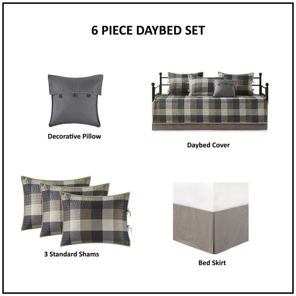 English Elm 6 Piece Reversible Plaid Daybed Cover Set with Herringbone Cabin Quilt, Twin Fit, Machine Washable Grey 17.72 L x 15.75 W x 7.48 H B035P266680