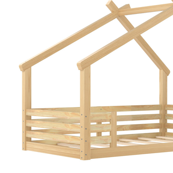 English Elm Twin House Floor Bed with Window & Shelf, Solid Wood Pitched Roof Design for Safe Cozy Sleep Natural W1580P362691