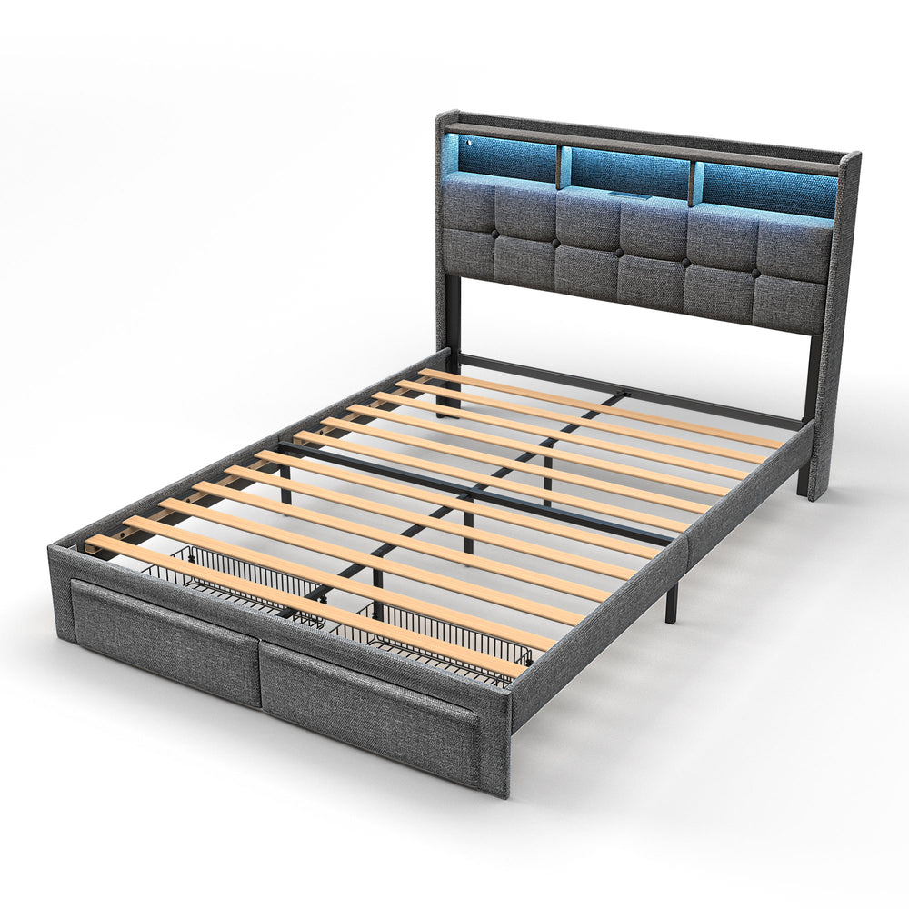 English Elm Queen LED Bed Frame with Linen Headboard, 2 Drawers, Fast Charging Ports, Remote RGB Nightlight W1550P190362