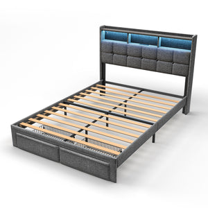 English Elm Queen LED Bed Frame with Linen Headboard, 2 Drawers, Fast Charging Ports, Remote RGB Nightlight W1550P190362