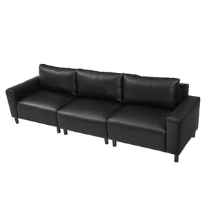 English Elm 112" Mid-century Faux Leather Three-seat Sofa with Rubberwood Legs for Living Room Black W1097S00255