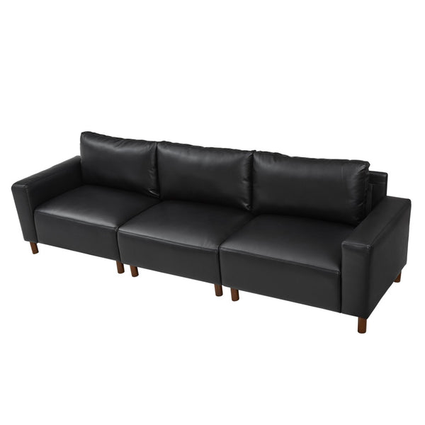 English Elm 112" Mid-century Faux Leather Three-seat Sofa with Rubberwood Legs for Living Room Black W1097S00255