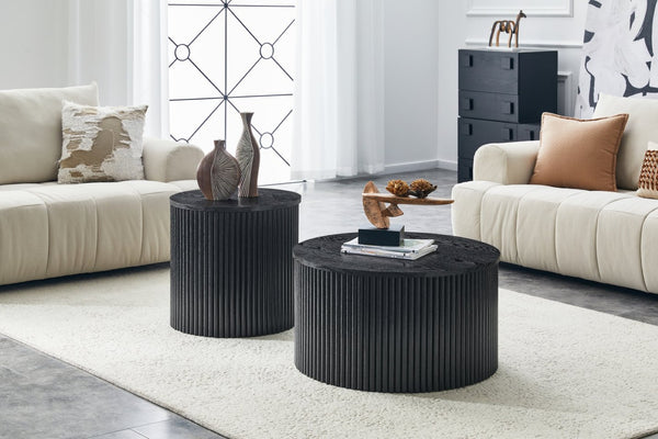 English Elm 2-piece Nesting Round Tables Roman Column Base with Storage Black Wood Grain Living Room W3875P396796