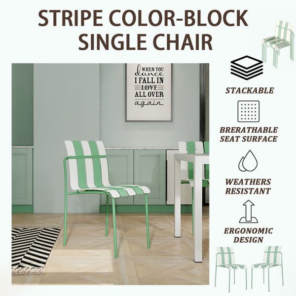 English Elm 4-Pack Modern Striped Color Block Chairs with 55" Long Table — Waterproof PP Seats, Rustproof Metal Frame Haze Green,khaki,White W3450S00016