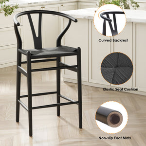 English Elm Wishbone Rattan Barstool with Woven Papercord Seat, Solid Ash Wood, Eco-Friendly Finish, Fully Assembled Black T3623P379811