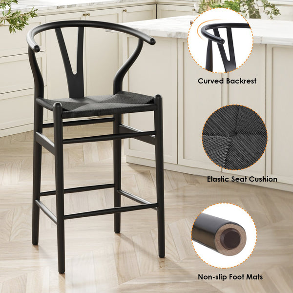 English Elm Wishbone Rattan Barstool with Woven Papercord Seat, Solid Ash Wood, Eco-Friendly Finish, Fully Assembled Black T3623P379811