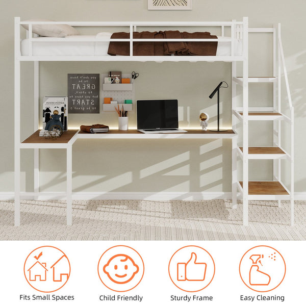 English Elm Loft loft bed with L-shaped desk, built-in storage stairs, 360° guardrail, sturdy iron frame for small rooms White W1935S00004