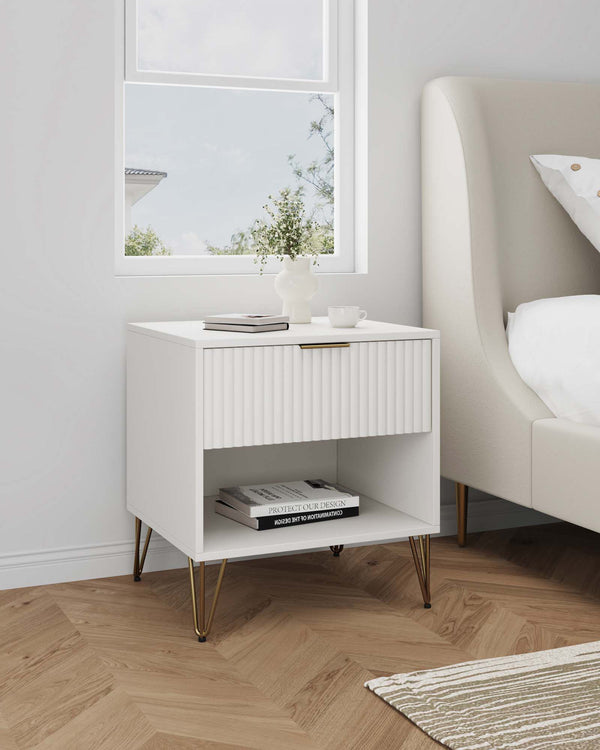 English Elm Dumbo 20" Fluted Nightstand In White - Glamorous Storage With Gold Accents & Easy Assembly Design B365P398150