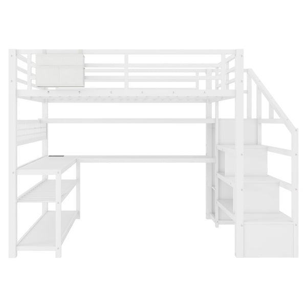 English Elm Full Size Steel Loft Bed with Staircase Storage Wardrobe Desk and Led Lighting White W2593S00059