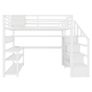 English Elm Full Size Steel Loft Bed with Staircase Storage Wardrobe Desk and Led Lighting White W2593S00078