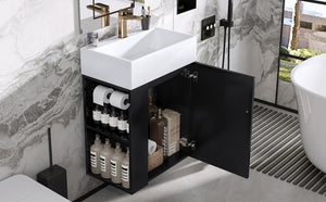English Elm 20 Modern Wall-Mounted Bathroom Vanity with Ceramic Sink, Diamond Door, Gold Handles & Shelves — Compact Black N725P314033B