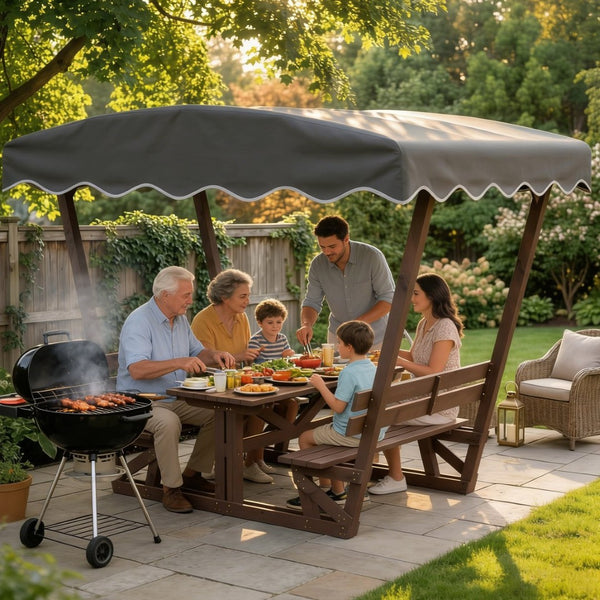 English Elm 5'x3' Wooden Gazebo Patio Shelter with Oxford Canopy Bench Seating and Slatted Table W1422S00075