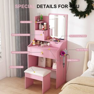 English Elm 3-color Led Vanity Table with Stool Drawers and Built-in Power Hub for Bedroom Pink W2700P457871