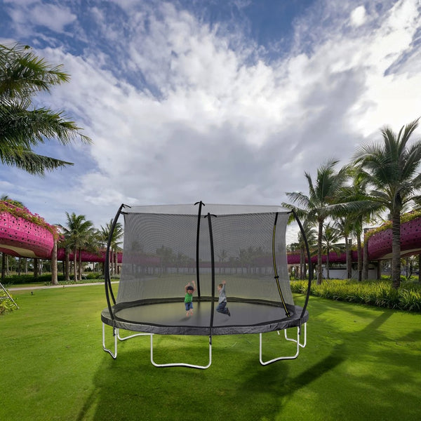 English Elm 12ft Trampoline Curved Pole Enclosure Net Galvanized Steel Frame Kids Adults Ladder W285P233603