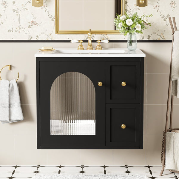 English Elm 24" Modern Wall-Mount Bathroom Vanity with Ceramic Sink, Glass Door Cabinet, 2 Drawers, Soft-Close Black N710P286704B