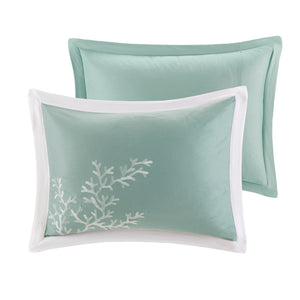 English Elm Oversized Cotton Jacquard Comforter Set with Embroidered Coral Motif and Pieced White Border Full Aqua 22.83 L x 15.16 W x 21.26 H B03595757